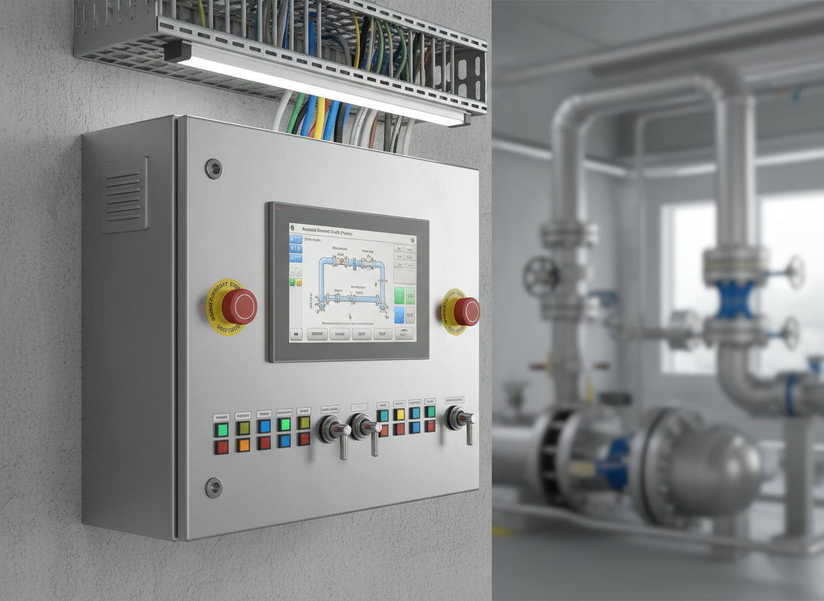 A highly detailed wall-mounted control panel dedicated to an automated industrial process, featuring a sleek HMI touchscreen displaying clean graphical controls, flanked by emergency stop buttons, selector switches, and status indicators. The enclosure has a brushed stainless-steel finish with precise edges and tight seals, suggesting IP-rated protection. It is mounted on a painted concrete wall with cable trays neatly routed above, carrying organized conduits. Soft, even LED lighting from above reduces glare on the touchscreen while creating gentle reflections on the metal. The mood is modern, efficient, and technologically advanced. Captured at a three-quarter angle with shallow depth of field, the HMI and controls are in sharp focus while the background of pipes and equipment fades into a soft blur, emphasizing automation and system integration expertise.