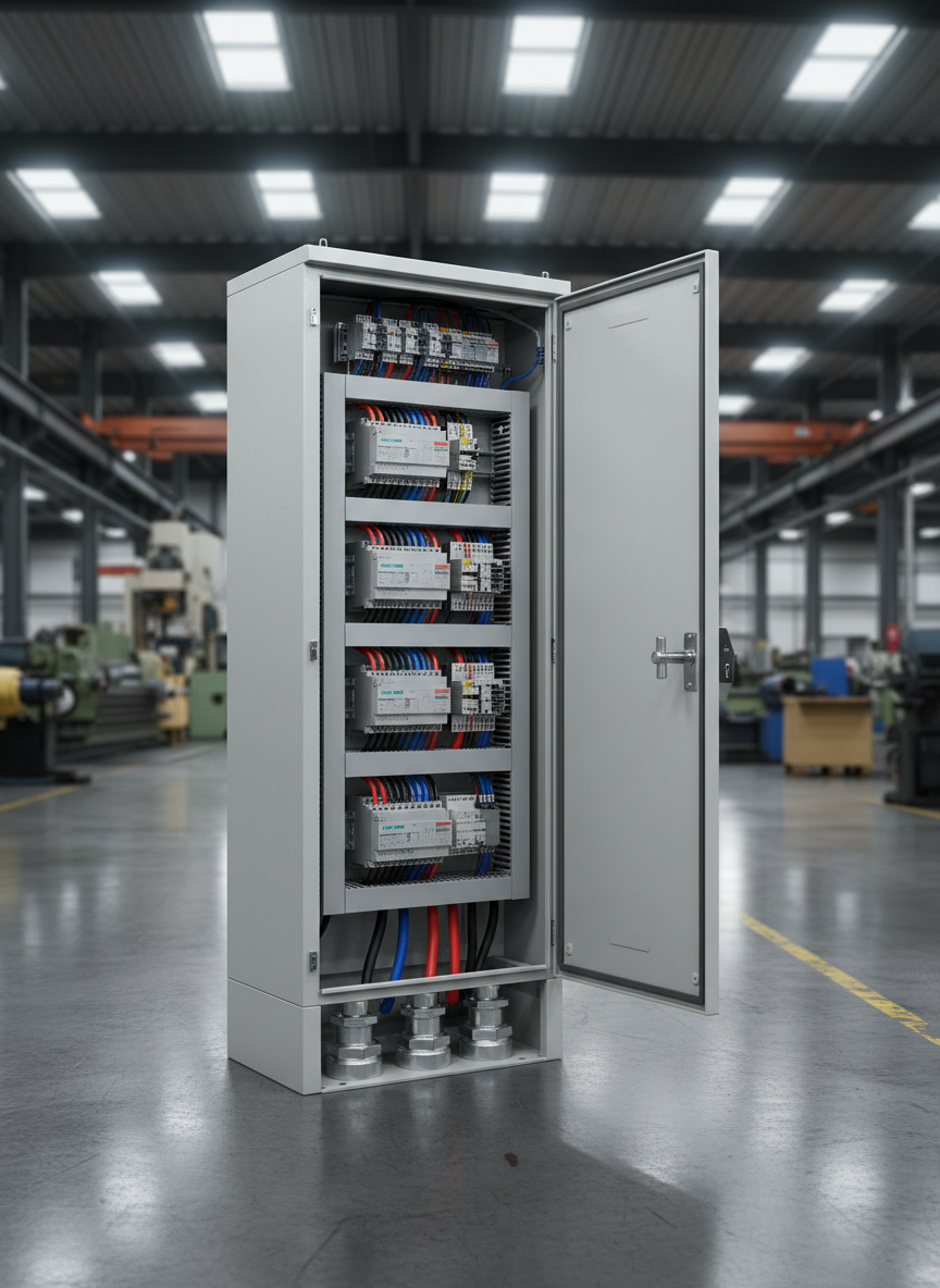 A robust floor-mounted electrical starter cabinet designed for heavy-duty motors, with a smooth light-gray powder-coated finish and heavy-duty locking handle. The cabinet door is partially open, revealing a neat arrangement of soft starters and thermal overload relays, with thick gauge power cables entering from the bottom through industrial-grade cable glands. The panel is positioned on a polished concrete floor in a spacious industrial hall, with distant machines softly blurred in the background. Cool, uniform overhead lighting ensures every element is clearly visible, with crisp shadows at the base. The atmosphere feels dependable and industrial, highlighting durability and safety. Photographic realism at a slightly low angle adds presence and authority, ideal for showcasing high-power motor starter solutions.