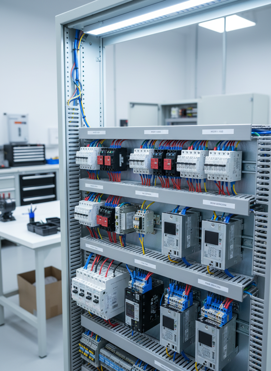 A close-up photographic view of the interior of an advanced motor control center panel, showing a dense array of contactors, overload relays, variable frequency drives, and terminal blocks mounted on perfectly aligned DIN rails. Multicolored cables are bundled in structured cable ducts with printed labels, conveying meticulous engineering. The setting is a bright, spotless workshop with a blurred background of other panels and tools. Neutral, even LED lighting from above highlights the textures of molded plastics, brushed metal, and copper connections, casting minimal shadows. The mood is highly technical, clean, and trustworthy. Shot from a slightly angled perspective with moderate depth of field, focusing attention on the central components and suggesting precision in automation and motor control solutions.