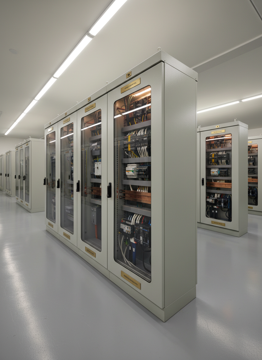 A dramatic interior shot of a custom-built electrical distribution board for an industrial plant, with multiple vertical sections for feeders, measurement devices, and protective relays. Each compartment has transparent viewing windows and engraved labels. Inside, gleaming copper busbars are precisely spaced and insulated, with neatly bent power cables and cable ties maintaining perfect order. The board stands along a corridor of similar panels on a spotless epoxy-coated floor. Directional LED lighting from the ceiling creates rhythmic highlights along the cabinet tops and subtle reflections in the viewing windows, adding depth and structure. The mood is robust, high-capacity, and mission-critical. Photographic realism with a wide-angle, slightly elevated perspective captures the full length of the lineup, conveying scale and reliability of engineered electrical solutions.