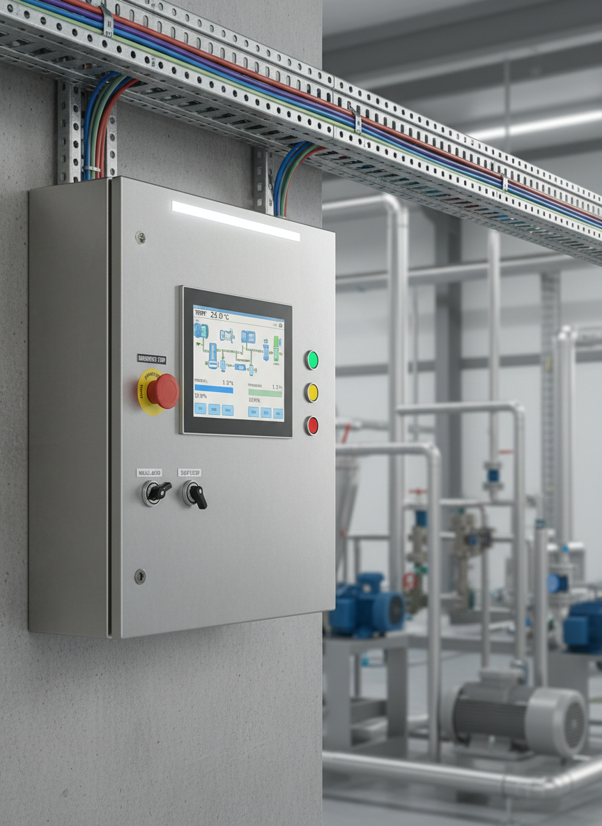 A highly detailed wall-mounted control panel dedicated to an automated industrial process, featuring a sleek HMI touchscreen displaying clean graphical controls, flanked by emergency stop buttons, selector switches, and status indicators. The enclosure has a brushed stainless-steel finish with precise edges and tight seals, suggesting IP-rated protection. It is mounted on a painted concrete wall with cable trays neatly routed above, carrying organized conduits. Soft, even LED lighting from above reduces glare on the touchscreen while creating gentle reflections on the metal. The mood is modern, efficient, and technologically advanced. Captured at a three-quarter angle with shallow depth of field, the HMI and controls are in sharp focus while the background of pipes and equipment fades into a soft blur, emphasizing automation and system integration expertise.