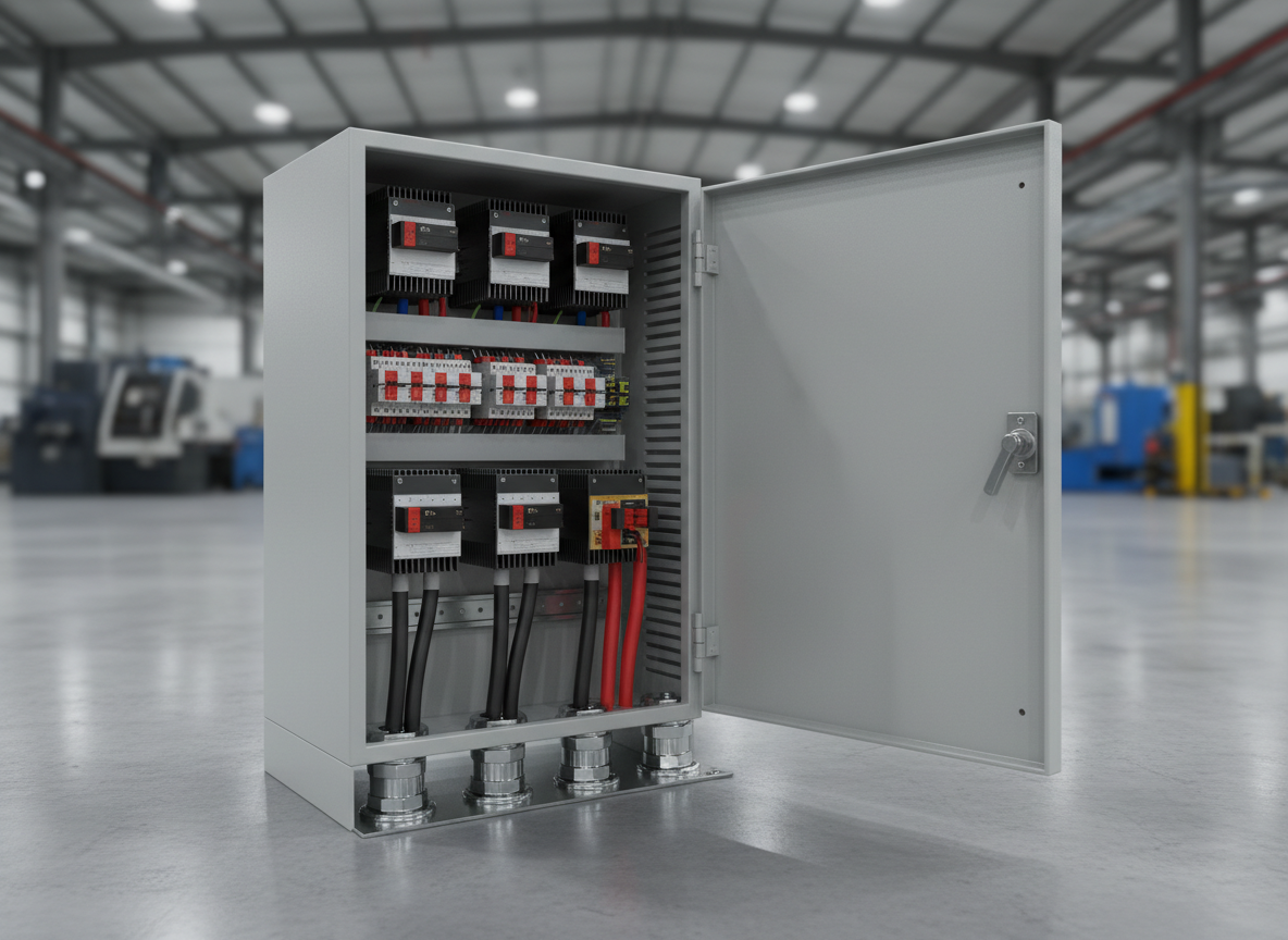A robust floor-mounted electrical starter cabinet designed for heavy-duty motors, with a smooth light-gray powder-coated finish and heavy-duty locking handle. The cabinet door is partially open, revealing a neat arrangement of soft starters and thermal overload relays, with thick gauge power cables entering from the bottom through industrial-grade cable glands. The panel is positioned on a polished concrete floor in a spacious industrial hall, with distant machines softly blurred in the background. Cool, uniform overhead lighting ensures every element is clearly visible, with crisp shadows at the base. The atmosphere feels dependable and industrial, highlighting durability and safety. Photographic realism at a slightly low angle adds presence and authority, ideal for showcasing high-power motor starter solutions.
