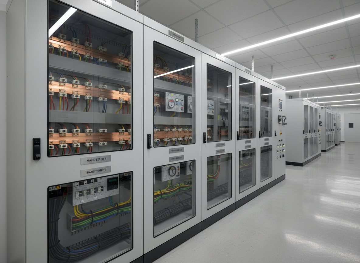 A dramatic interior shot of a custom-built electrical distribution board for an industrial plant, with multiple vertical sections for feeders, measurement devices, and protective relays. Each compartment has transparent viewing windows and engraved labels. Inside, gleaming copper busbars are precisely spaced and insulated, with neatly bent power cables and cable ties maintaining perfect order. The board stands along a corridor of similar panels on a spotless epoxy-coated floor. Directional LED lighting from the ceiling creates rhythmic highlights along the cabinet tops and subtle reflections in the viewing windows, adding depth and structure. The mood is robust, high-capacity, and mission-critical. Photographic realism with a wide-angle, slightly elevated perspective captures the full length of the lineup, conveying scale and reliability of engineered electrical solutions.