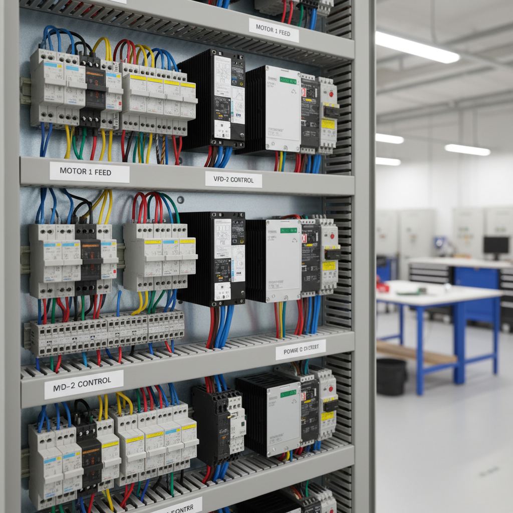 A close-up photographic view of the interior of an advanced motor control center panel, showing a dense array of contactors, overload relays, variable frequency drives, and terminal blocks mounted on perfectly aligned DIN rails. Multicolored cables are bundled in structured cable ducts with printed labels, conveying meticulous engineering. The setting is a bright, spotless workshop with a blurred background of other panels and tools. Neutral, even LED lighting from above highlights the textures of molded plastics, brushed metal, and copper connections, casting minimal shadows. The mood is highly technical, clean, and trustworthy. Shot from a slightly angled perspective with moderate depth of field, focusing attention on the central components and suggesting precision in automation and motor control solutions.
