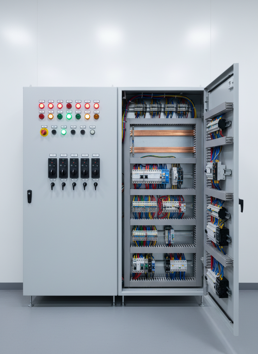A large industrial electrical control panel standing against a clean white wall inside a modern factory environment. The metal enclosure is painted light gray with a smooth matte finish, featuring neatly aligned indicator lights in red, green, and amber, robust selector switches, and clearly labeled circuit breakers. The hinged door is open, revealing meticulously organized copper busbars, color-coded wiring channels, and DIN rail–mounted components. Cool, diffused overhead LED lighting creates soft reflections on the metal surfaces and subtle shadows inside the cabinet. The mood is professional, precise, and highly technical. Captured at eye level with photographic realism and sharp focus throughout, the composition emphasizes order, reliability, and high-quality engineering suitable for an industrial automation website hero image.