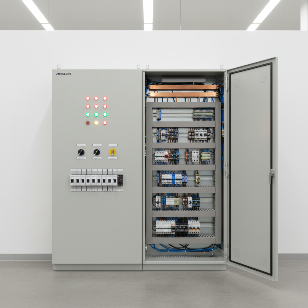A large industrial electrical control panel standing against a clean white wall inside a modern factory environment. The metal enclosure is painted light gray with a smooth matte finish, featuring neatly aligned indicator lights in red, green, and amber, robust selector switches, and clearly labeled circuit breakers. The hinged door is open, revealing meticulously organized copper busbars, color-coded wiring channels, and DIN rail–mounted components. Cool, diffused overhead LED lighting creates soft reflections on the metal surfaces and subtle shadows inside the cabinet. The mood is professional, precise, and highly technical. Captured at eye level with photographic realism and sharp focus throughout, the composition emphasizes order, reliability, and high-quality engineering suitable for an industrial automation website hero image.